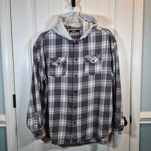 Novamen Men’s XL Gray Plaid Button Front Hooded Flannel Long Sleeve Two Pocket
